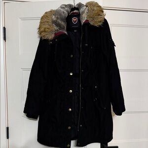 Madison Black Coat with Faux Fur Hood
